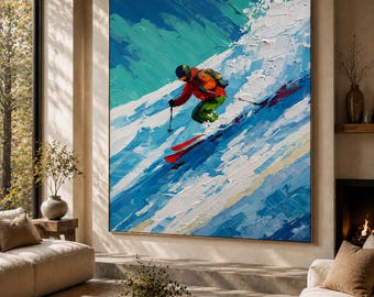 Custom Skiing Impasto Oil Painting, Abstract Hand-Painted Textured Wall Art