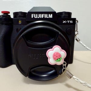 Pink strawberry Camera Lens Cap Keeper, Holder, Camera Lens Cap Leash, Leica, Fujifilm, Nikon, Canon, Lens accessory, DSLR, Cute