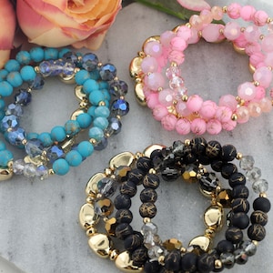 Bling Gold Glass Beaded Stackable Stretch Bracelet Set Pack of 4 Fashion Bead Boho Evening Glam Jewelry Gift