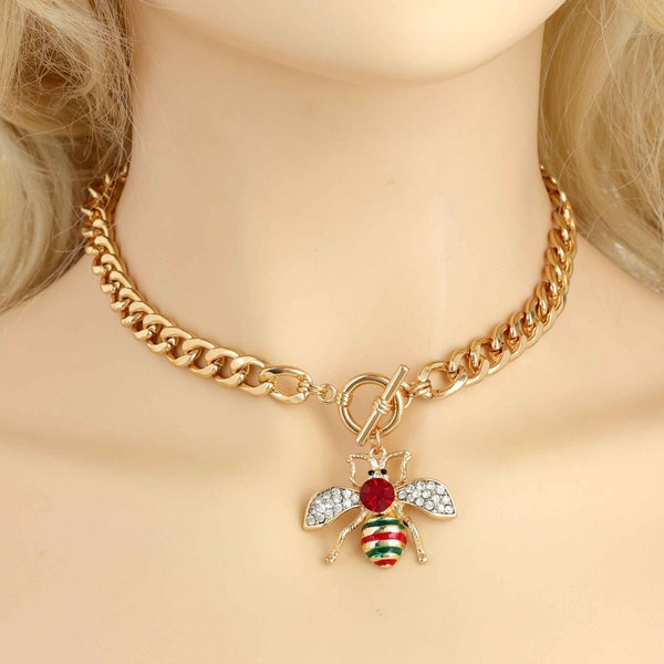 Fashion Bling Rhinestone Pearl Honey Bumble Bee Charm Pendant Toggle Chain Necklace Luxury Glam Evening Jewelry