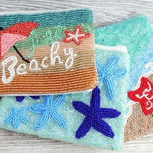 Handmade Seed Beaded Beachy Starfish Shell Coin Bag Purse Boho Tropical Summer Vacation Beach Ocean Bead Accessories Gift