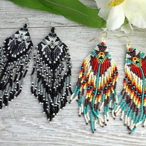 Western Aztec Multi Color Seed Beaded Fringe Tassel Long Drop Dangle Statement Earrings Fashion Boho Seed Bead Jewelry Gift