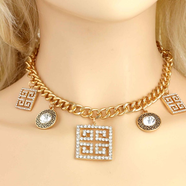 Fashion Bling Crystal Rhinestone Greek Key Charm Pendant Gold Chain Necklace Luxury Glam Evening Jewelry