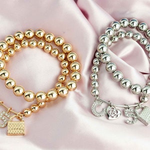 Fashion C 5 Bag Heart Charm Stretch Beaded Bracelet Stackable Set of 2 Luxury Glam Evening Jewelry