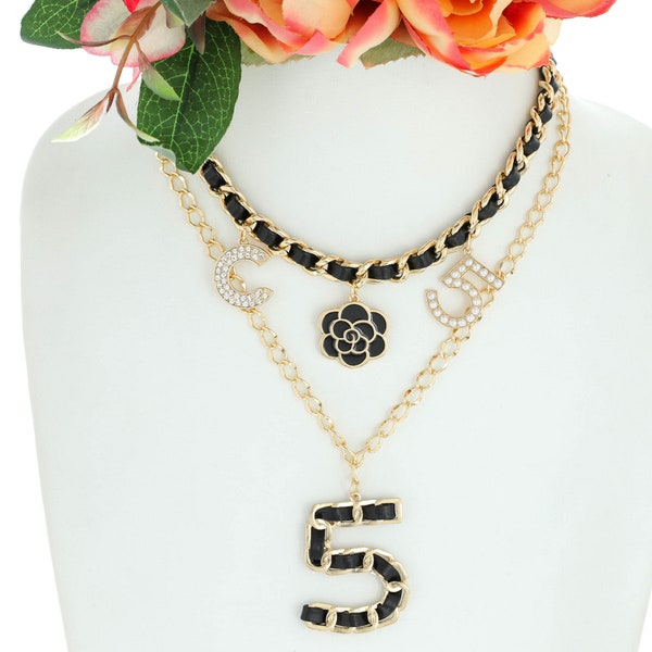 Fashion C 5 Five Flower Charm Faux Leather Two Piece Chain Necklace Set Luxury Glam Evening Jewelry