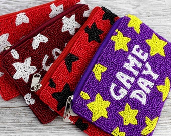 Handmade Seed Beaded college GAME DAY Star Coin Bag Purse Pouch Team Sport Accessories Gift