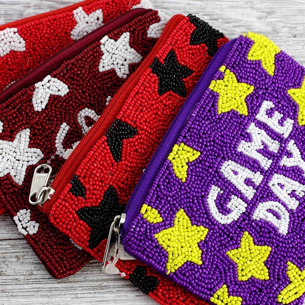 Handmade Seed Beaded college GAME DAY Star Coin Bag Purse Pouch Team Sport Accessories Gift