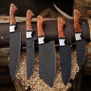 Hand Forged Carbon Steel Chef Knife Set, Rosewood Handle, Leather Roll