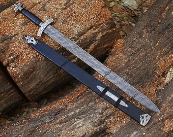 Hand Forged Damascus Steel Viking Sword, Medieval Northmen Sword of Kings with Scabbard