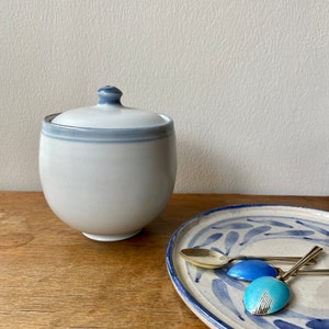 May include: A white ceramic sugar bowl with a lid and a blue rim, sitting on a wooden surface next to a white ceramic plate with a blue floral design. Three spoons with blue enamel are on the plate.