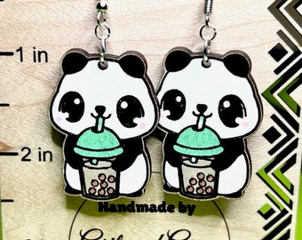 Panda Bear with Boba Tea Earrings, Black & White Charm Earrings, Panda Earrings, Panda Bear Jewelry, I Love Panda Bears, Animal Earrings