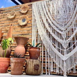 May include: A rustic outdoor scene featuring a wooden wall adorned with woven wall hangings and decorative sunburst mirrors. Terra cotta pots of various sizes hold green plants, creating a natural, bohemian aesthetic.