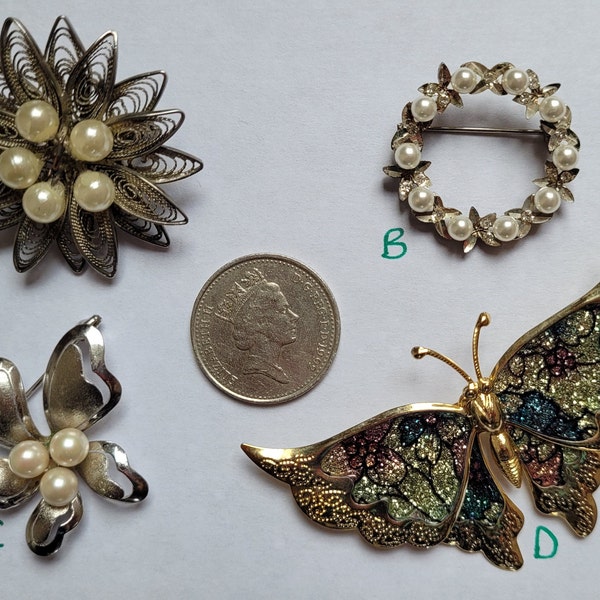 Vintage Brooches - variations available - pearl, silver, gold, floral, butterfly