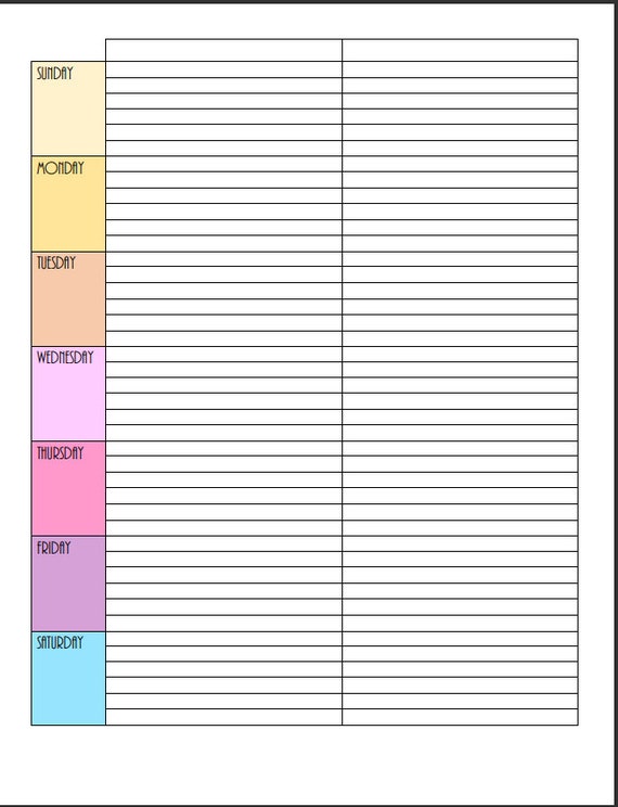 Printable Blank Weekly Calendar Color | Etsy