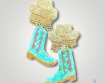 Rhinestone Fringe Cowboy Hat and Boots / Seed and Tube Bead Earrings / Boho Style / Country Western Style / Cow Girl / Texas / Gift