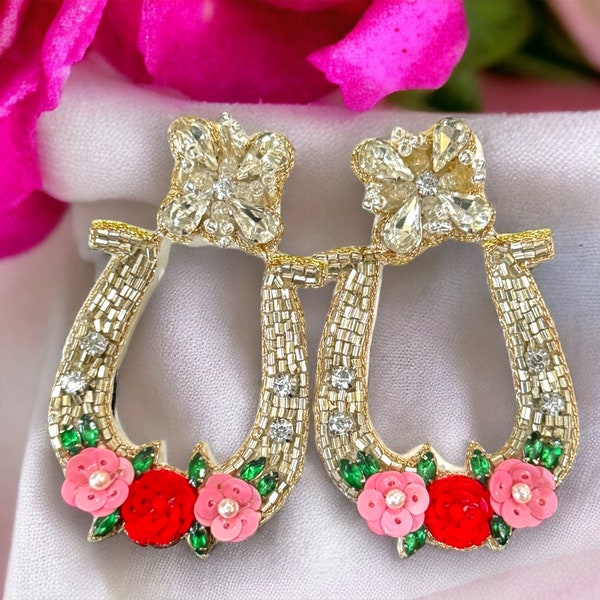 New! Horseshoe Red Rose Earrings / Beaded Earrings / Kentucky Derby Style / Sequin Earrings / Horse Race Fashion / Event