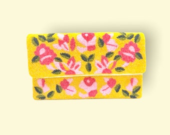 Yellow and Pink Floral / Seed Bead / Tube Bead / Crossbody / Clutch / Summer Fashion / Derby Fashion / Handbag