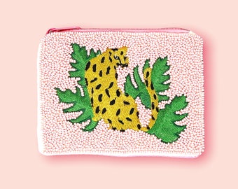 New! Leopard / Seed Bead / Coin Purse / Pink /  Gift for her