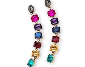 Multicolor Jewel Tone and White Rhinestone Dangle Drop Earrings / Long Earrings / Fashion Earrings / Party Earrings