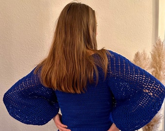 Summer sweater with 3/4 puff sleeves, crochet pattern