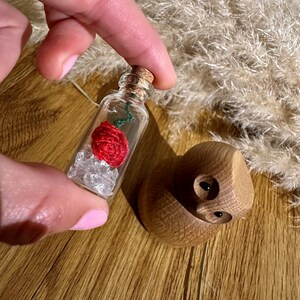 Peut inclure: Une petite bouteille en verre avec un bouchon en liège contient une rose rouge en crochet et des cristaux transparents.
