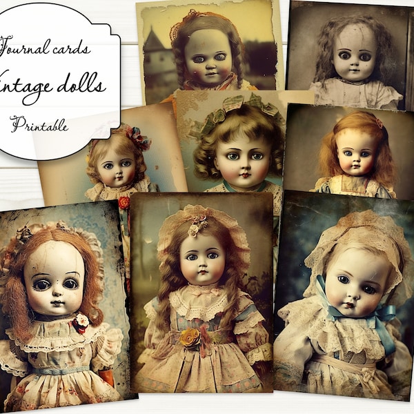 Journal ephemera cards with creepy vintage dolls, printable vintage junk journal kit, journal cards 2 size, antique, whimsical, scary dolls.