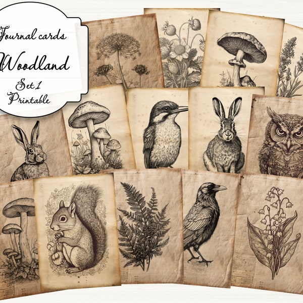 Journal cards Woodland, ATC cards, printable vintage scrapbooking, journaling cards set, ephemera with forest plants, mushrooms, animals.