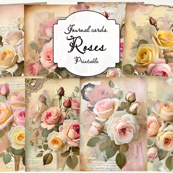 Roses ATC cards, vintage roses, mixed media style, printable journal cards set, floral ephemera, junk journal cards, vintage flowers cards.