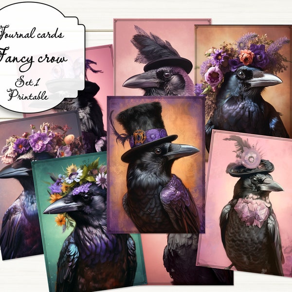 ATC cards with fancy crows, printable journal cards set, journal ephemera, junk journal cards with black crows, digital ACEO cards.