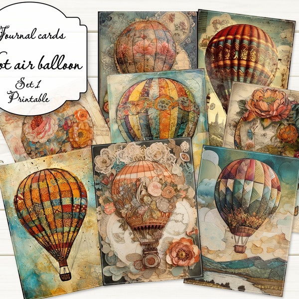 ATC cards with hot air balloons mixed media style, printable journal cards set, journal ephemera, junk journal cards, digital ACEO cards.