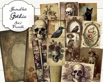 Gothic junk journal kit, printable ephemera pack, journal pages, journal supplies, skeleton, skull and rose, darkness, raven, black cat.