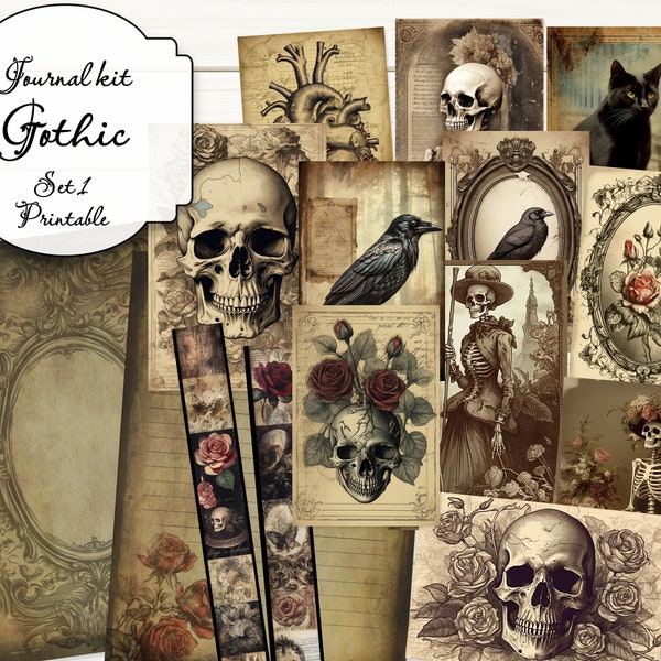 Gothic junk journal kit, printable ephemera pack, journal pages, journal supplies, skeleton, skull and rose, darkness, raven, black cat.