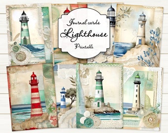 Lighthouse ATC cards, mixed media style, printable journaling cards set, junk journal ephemera, lighthouse, Mediterranean sea, seashore.