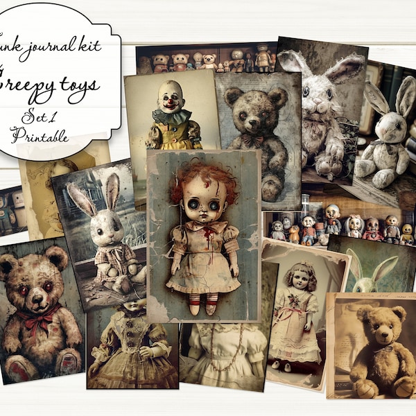 Journal ephemera with creepy vintage toys, dolls, clown, teddy bear, printable vintage junk journal kit, journal cards, digital download.