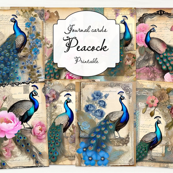 Peacock ATC cards, mixed media style, printable journal cards set, vintage journal ephemera, junk journal cards, peacock, peony, flowers.