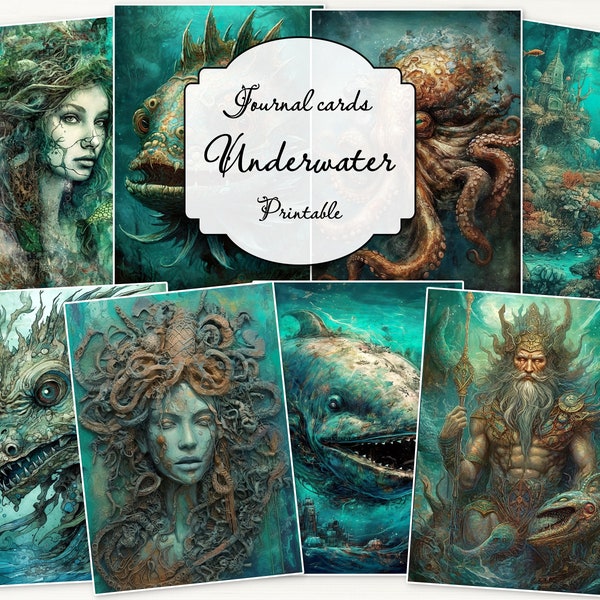 Underwater world ATC cards, printable journal cards set with, fantasy sea world journal ephemera, vintage journaling kit, junk journal cards