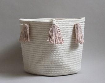 Blush Tassel Storage Basket - Medium - Cotton rope storage basket for home, nursery, gift basket