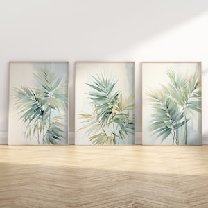 Set of 3 Botanical Prints | Neutral Tropical Wall Art | Minimalist Coastal Beach Home Decor | Modern Living Room Artwork | S #001