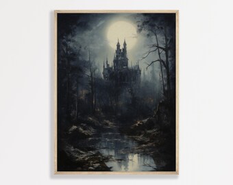 Castle Wall Art: Dark Academia Style - Vintage Moonlit Scene
