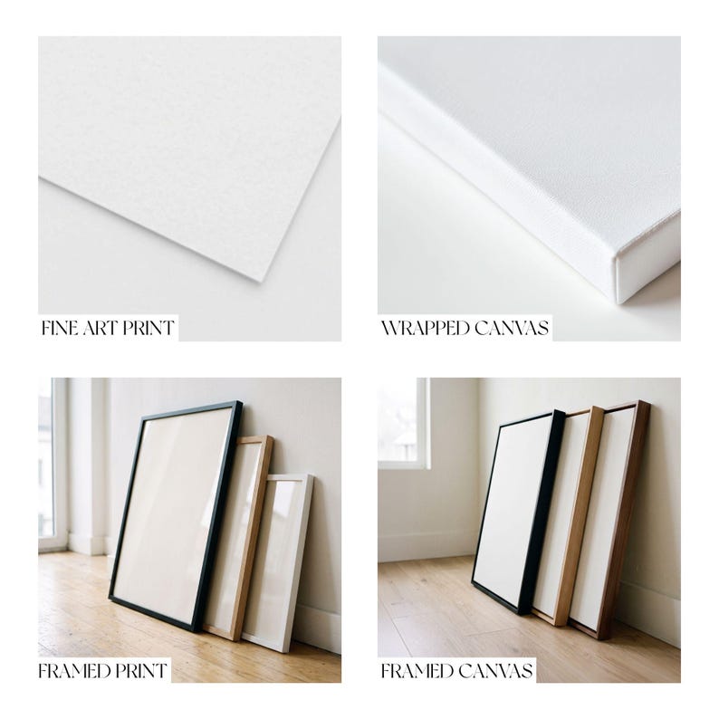 The image is a collage of four photos depicting different types of art prints and framed prints, including fine art print, wrapped canvas, framed print, and framed canvas.