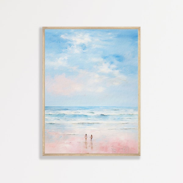 Pintura de playa pastel / Impresión de pared de paisaje marino minimalista / Arte de pared femenino pastel retro / Decoración costera playera moderna / P #553