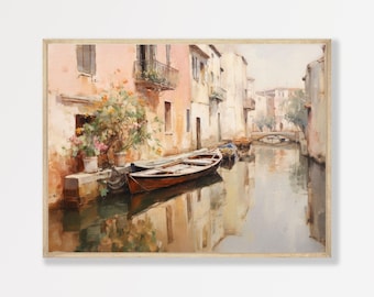 Venice Canal Painting, Retro Italian Style, Vintage Wall Art