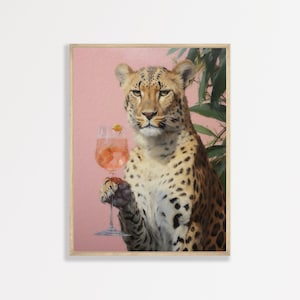 Cheetah Cocktail Print | Retro Pastel Pink Bar Cart Decor | Eclectic Cute Apartment Wall Art | P #271