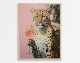 Cheetah Cocktail Print | Retro Pastel Pink Bar Cart Decor | Eclectic Cute Apartment Wall Art | P #271