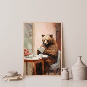 a painting of a bear sitting at a table reading a book