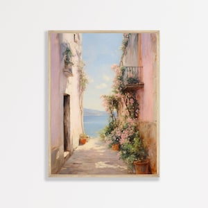 Pintura costera europea / Arte mural estético en tonos pastel rosa / Póster retro para apartamento, dormitorio, baño y oficina / P #202