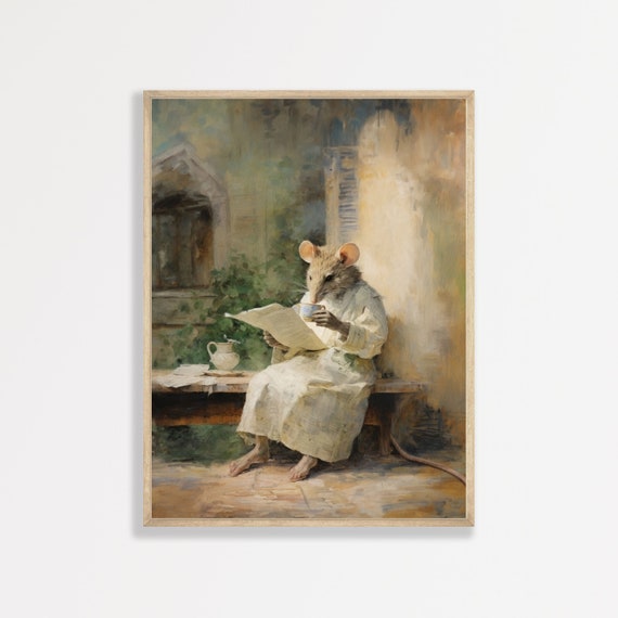 Reading Mouse Painting Retro Wall Art Kids Room Decor