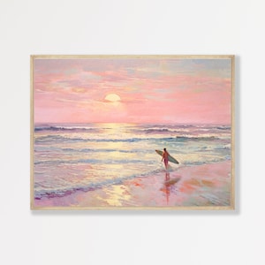 Pink Surfing Painting | Pastel Girly Apartment Decor | Muted Pastel Seascape Wall Print | P #064