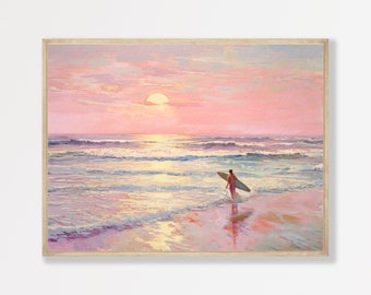 Pink Surfing Painting | Pastel Girly Apartment Decor | Muted Pastel Seascape Wall Print | P #064