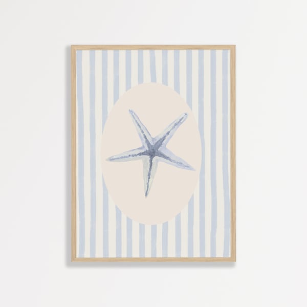 Blue Coastal Wall Art Print - Minimal Vintage Striped Design